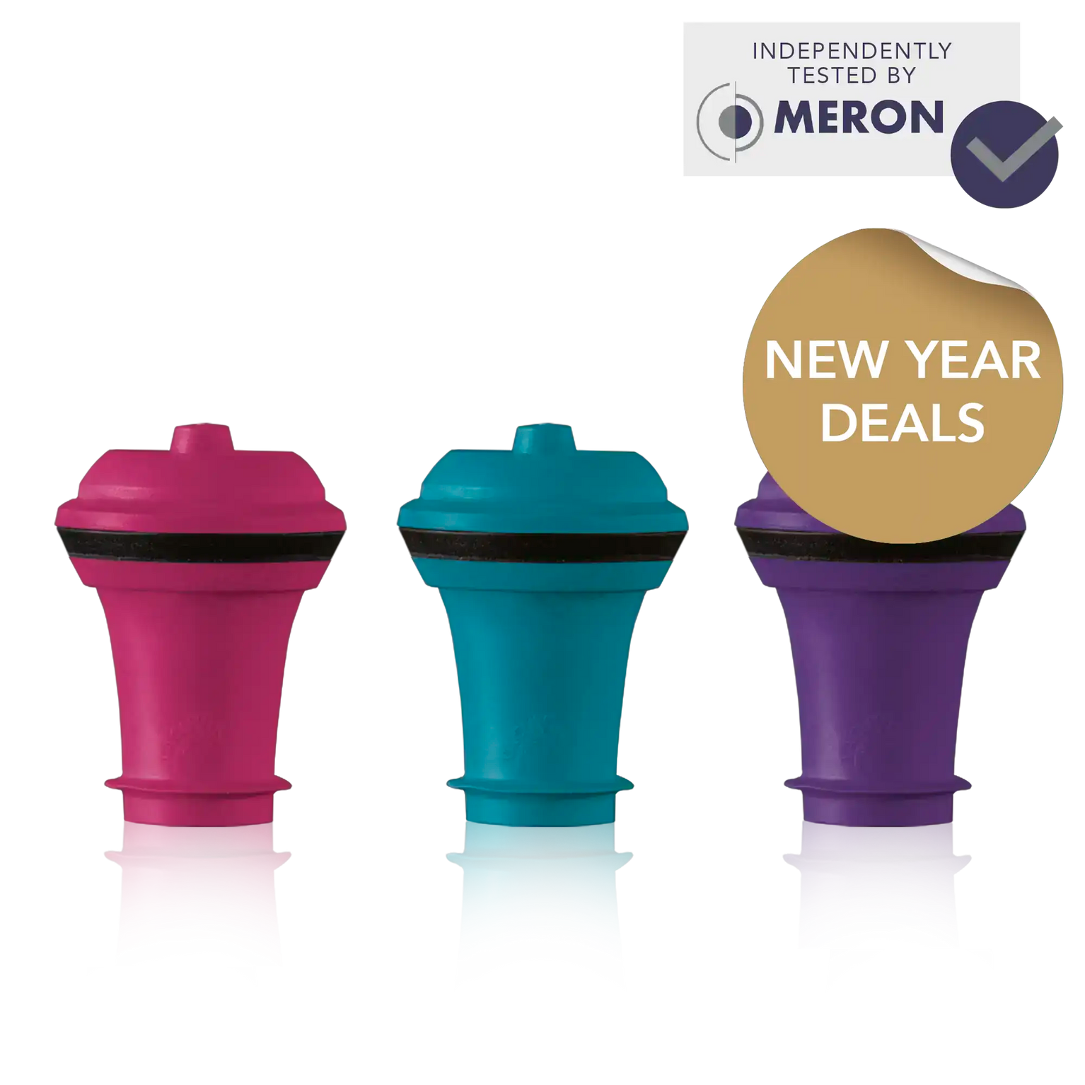 vacu vin wine stoppers colored set of 3 with meron lab test logo and new year deals sticker