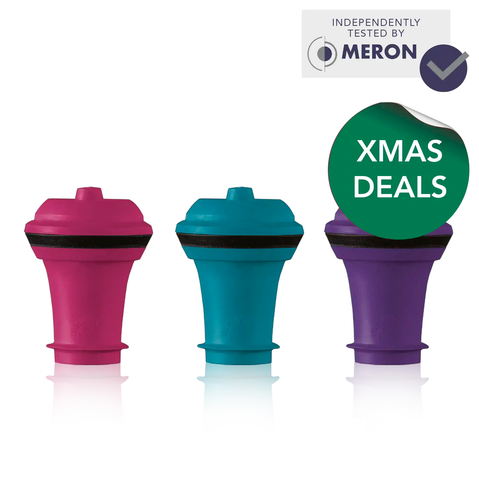 vacu vin wine stoppers colored set of 3 with meron lab test logo and xmas deals sticker