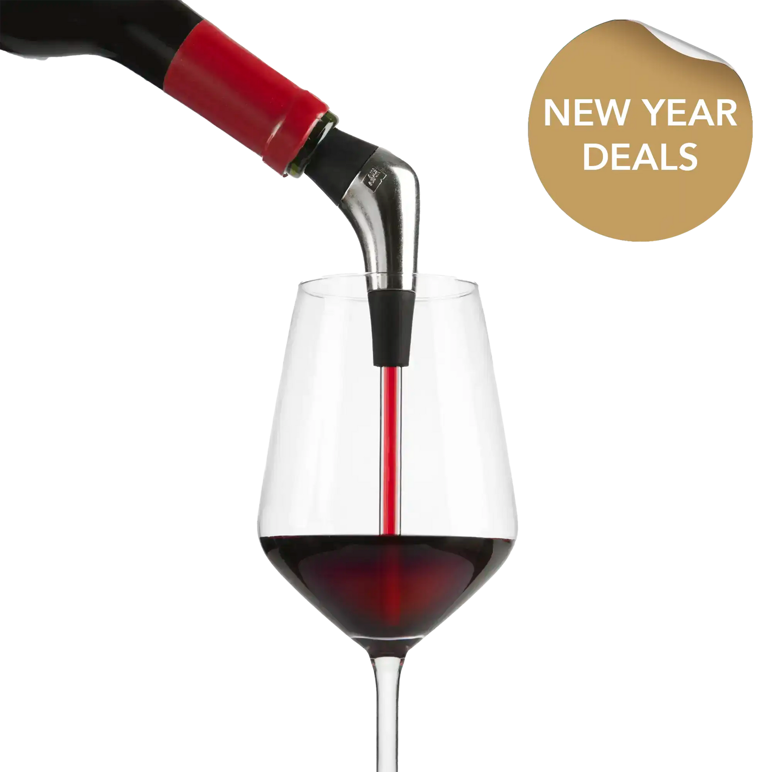 Vacu Vin slow wine pourer with new year deals sticker