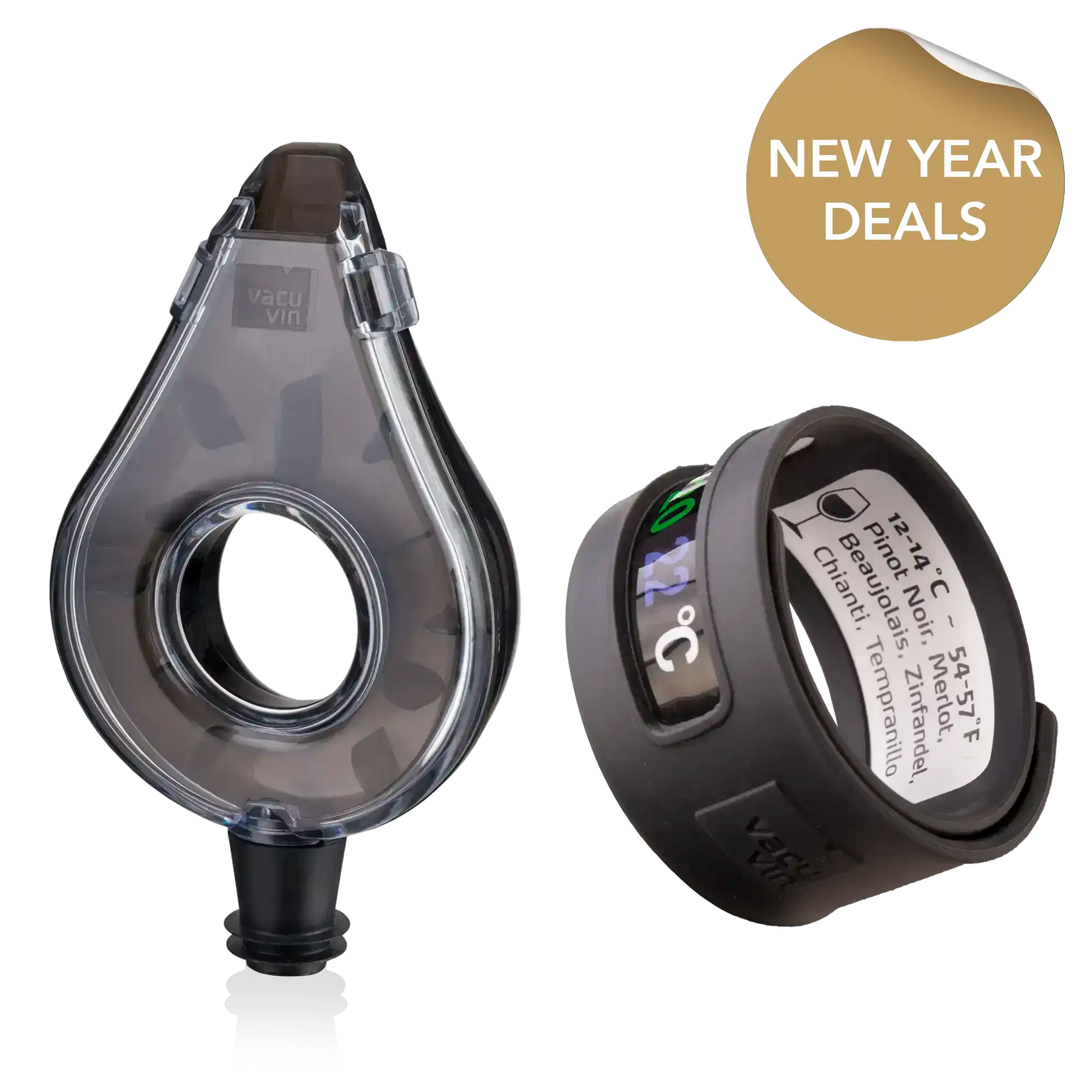 vacu vin wine aerator and wine thermometer with new year deals sticker